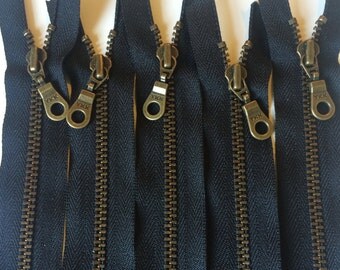 YKK Metal Teeth Zippers- Antique Brass Donut Pull Color 580 Black- 5 Pieces- Available in 4,5,6,7,8, 9,10, 11,12,13,14,18 and 19 inch