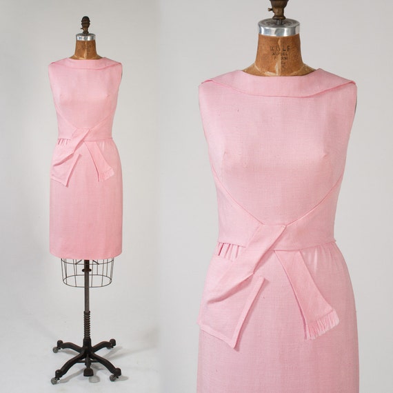 Pink Linen Vintage Wiggle Dress: 1960s Sleeveless Spring Day Dress