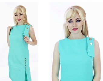 Mod Scooter Dress 60s 70s Mini Drop Waist Aqua Blue Twiggy Gold Buttons Pleat Skirt Small S Medium M