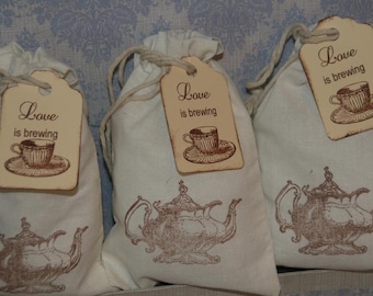 Bridal Tea Party Favor Bags, Tea Party Favor Tags, Wedding Favor, Bridal Shower Favor Bags, Love is Brewing Muslin Bags, Set of 30