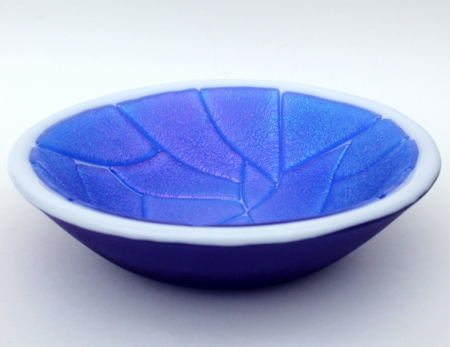 Iridescent Blue White And Cobalt Blue Fused Glass Bowl 2115