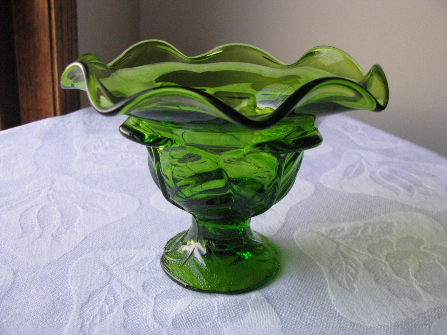 Vintage Viking Green Glass Compote Bowl Candy Dish Cabbage 6771