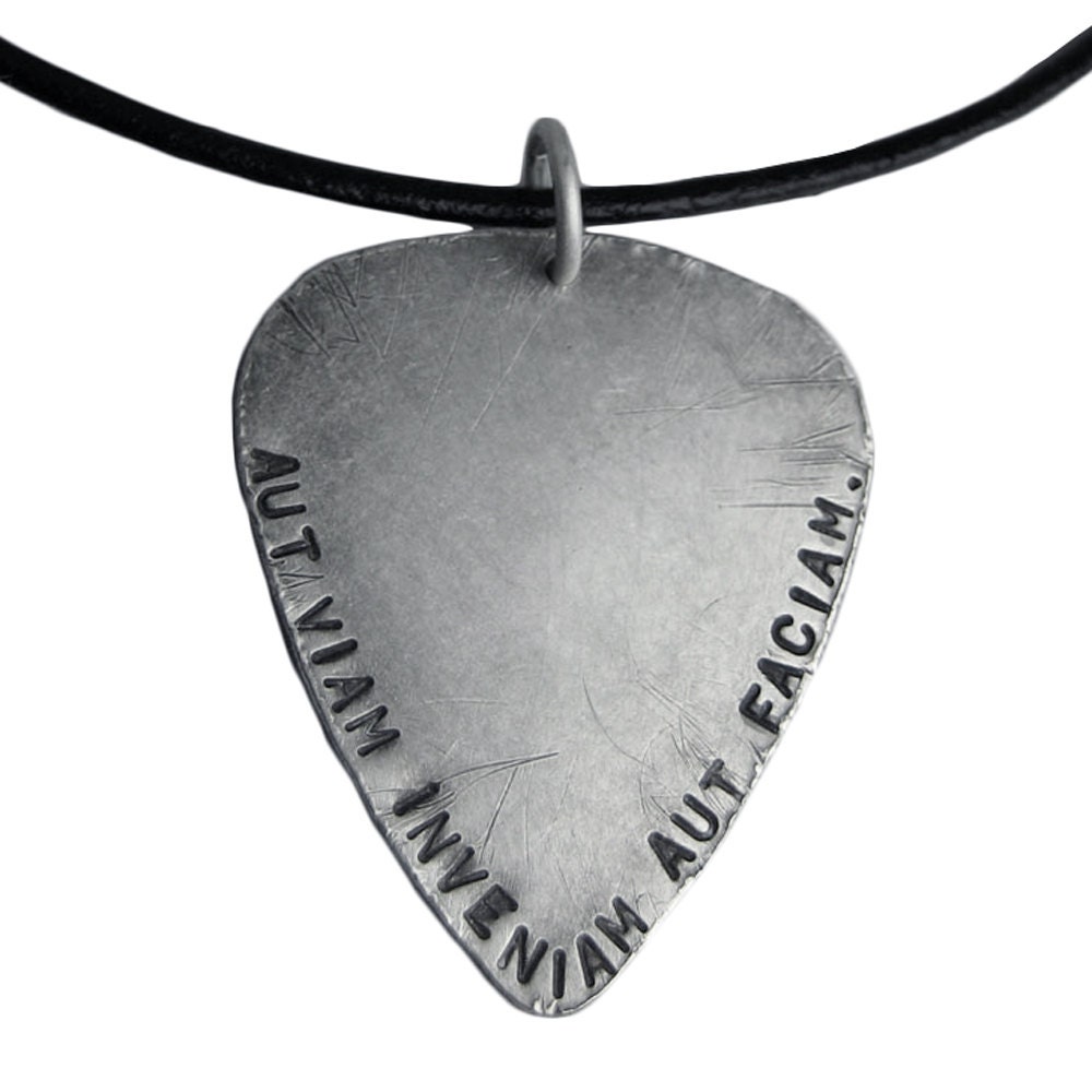 Rustic Silver Guitar Pick Necklace Hand Stamped Sterling