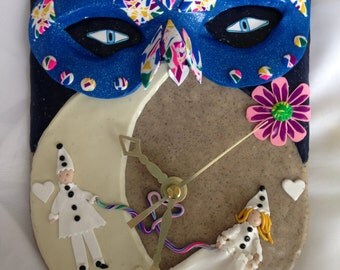 Clock - Art Wall - Wall Clock - Arlequin watching Pierrot and Colombine on the Moon