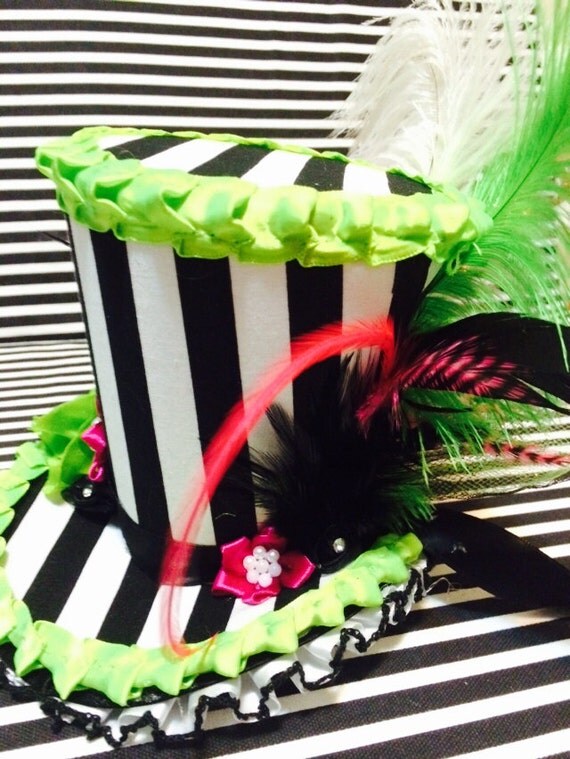Black and White Striped Mini Top Hat Fascinator with Green and