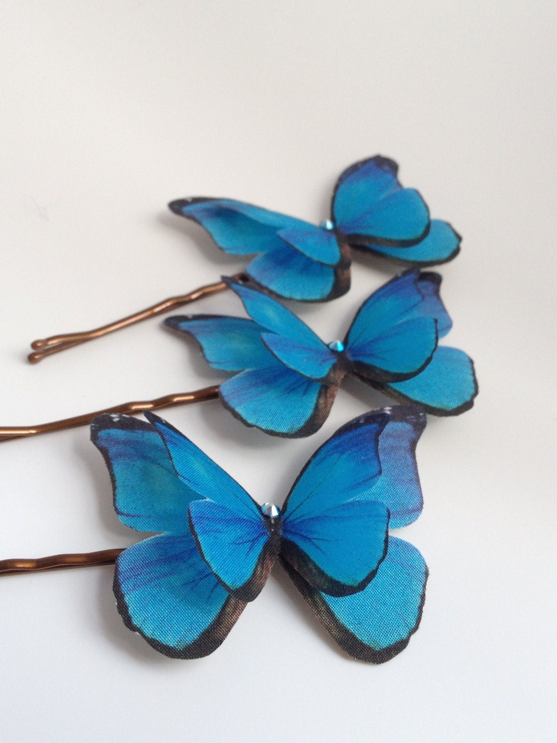 Hand Cut silk butterfly hair pins Trio of Bright by flutter2me