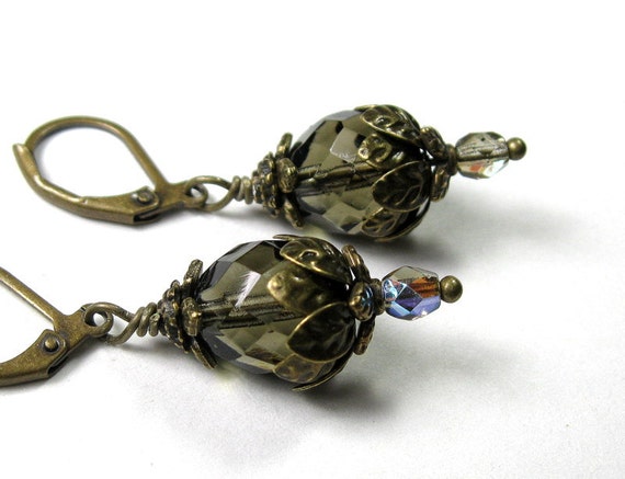 Vintage Style Earrings, Dangle Earrings, Smoke, Brown, Czech Glass Earrings, Antiqued Brass Jewelry, Womens Fashions, Accessories, For Her