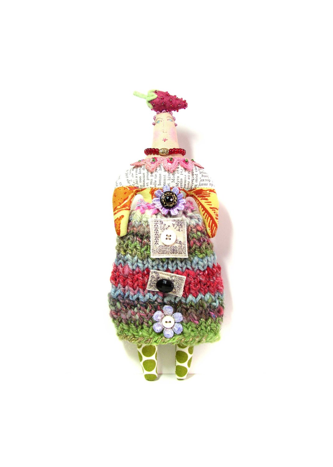 SALE Whimsical Textile Art Doll With A Fun Hand Sewn And