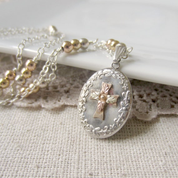Cross Locket Necklace Tri Color Necklace Religious Jewelry
