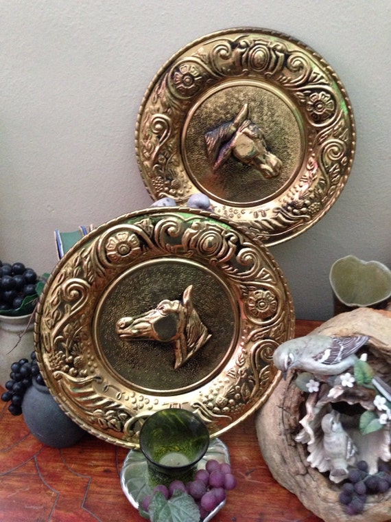 Vintage Brass Wall Plates Pair Horse Head Made in England