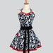 Sweetheart Retro Apron : Womens Retro Ruffles in Sexy Damask with Cherry Red and White Accents