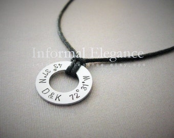 Men's Necklace with abbreviated custom coordinates divided with 2 custom initials in between, Custom Stamped Aluminum Disk, Boyfriend Gift