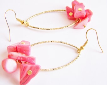 Fiji - Golden Hoops with Coral Shell - affordable gifts - beach inspired treasures - Sping - Summer - weddings - bridal - bridesmaid jewelry