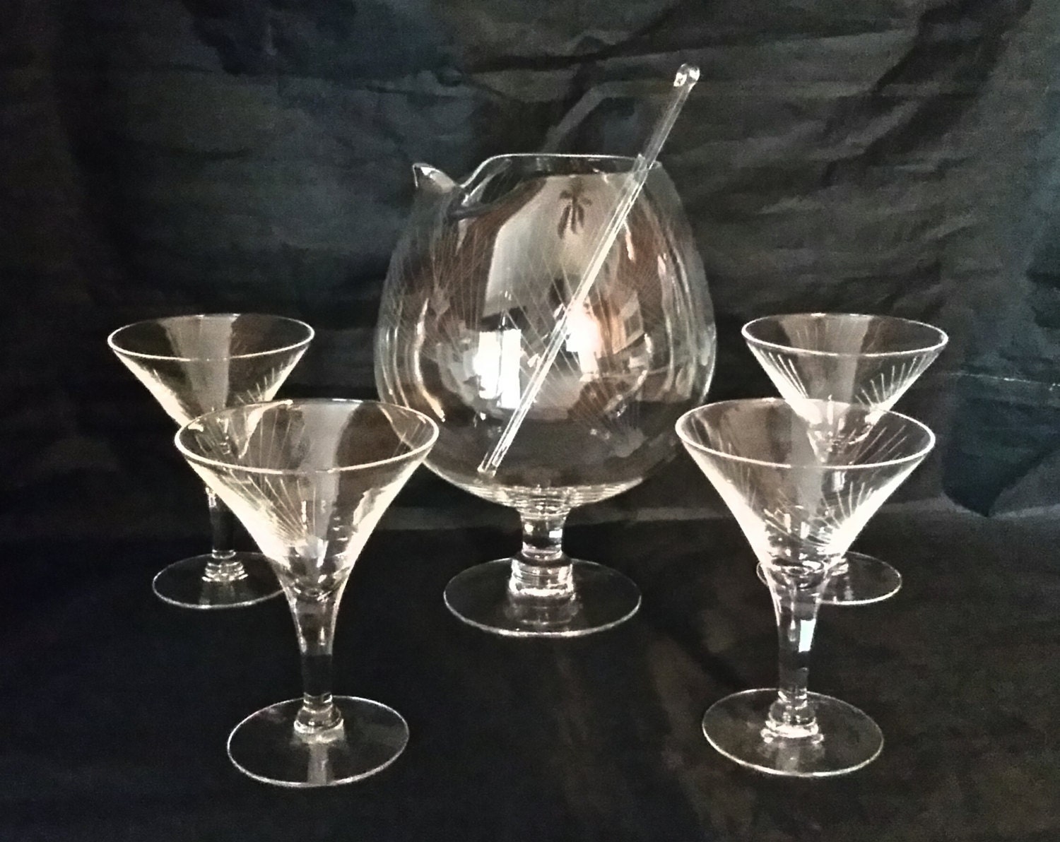 Vtg Javit Crystal Etched Atomic Moonbeam 6 Pc. Glass Cocktail