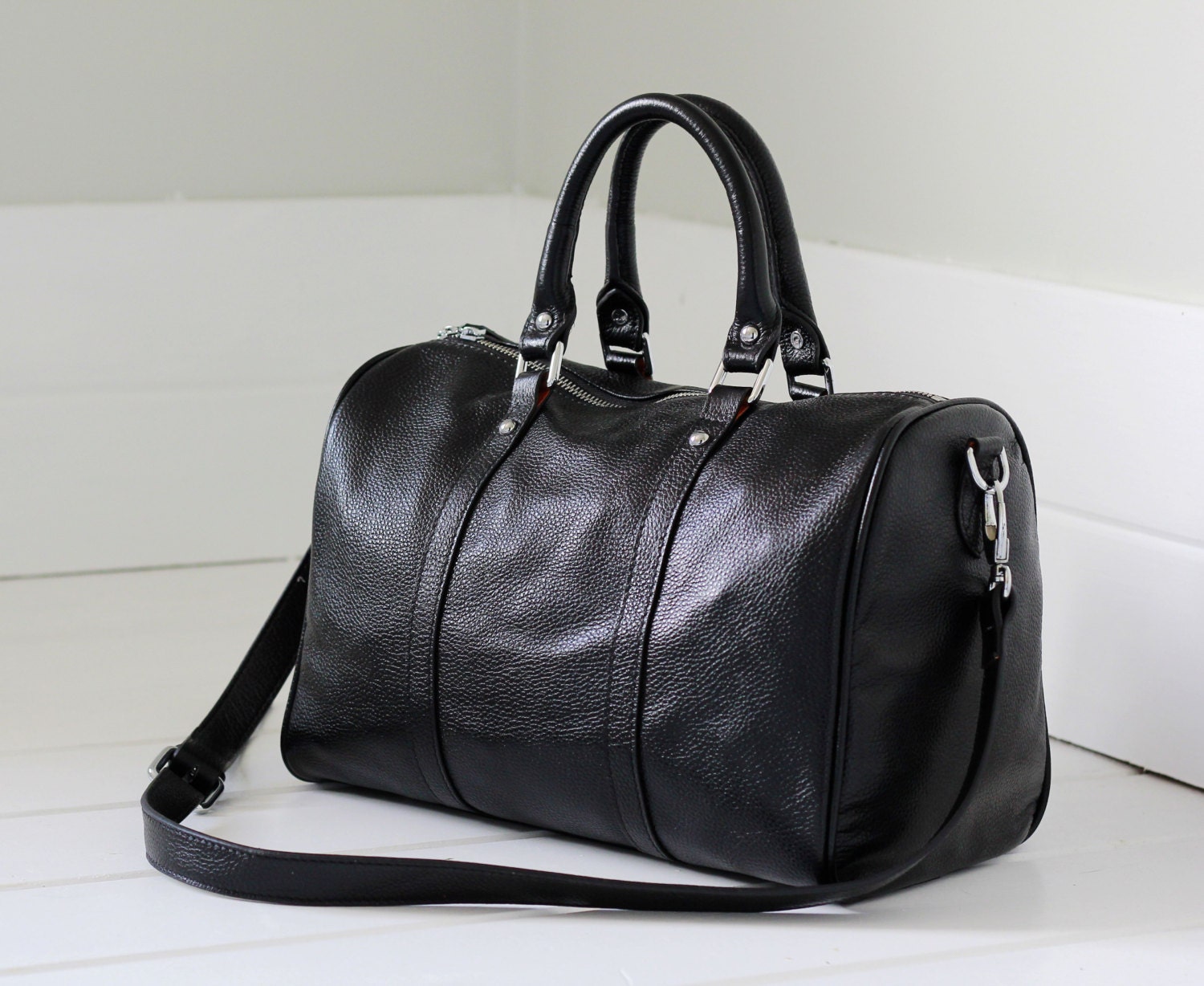 Black leather duffle bag black leather carry all by Adeleshop