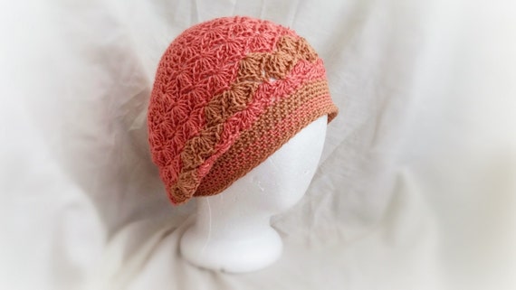 crochet ladies pattern hat sun Ladies cotton Crochet Summer chevron beanie hat Peach cloche brown sun