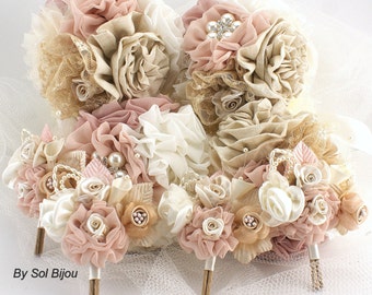 Bridesmaids Bouquets, Brooch Bouquets, Boutonnieres, Tan, Beige, Champagne, Blush, Ivory, Groom, Corsages, Vintage Style, Crystals, Pearls