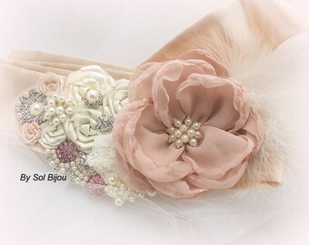 Wedding Sash, Blush, Ivory, Cream, Tan, Beige, Champagne, Vintage Wedding, Bridal Sash, Lace Sash, Gatsby, Crystals, Pearls, Feathers