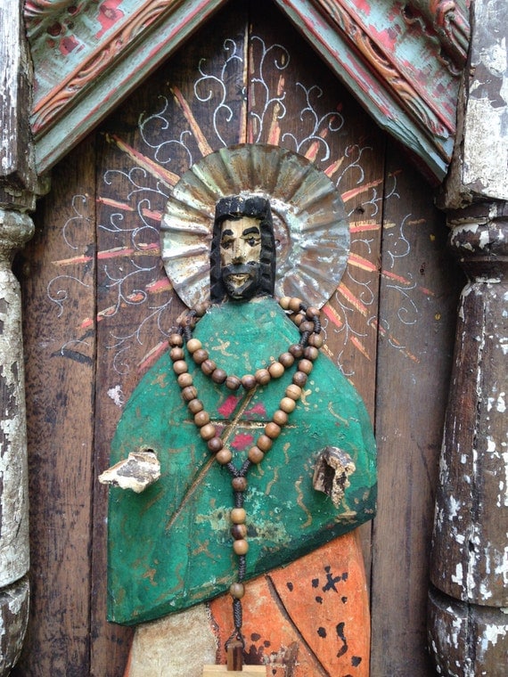 Spanish Colonial Folk Art Retablo Bulto Altar Nicho Niche Screen Milagro Santo Saint Icon