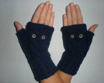Hand-knitted navy color wrist warmers with knitted owl, Women Accessories , Fingereless Gloves , Gift For Christmas , Gifts For Her