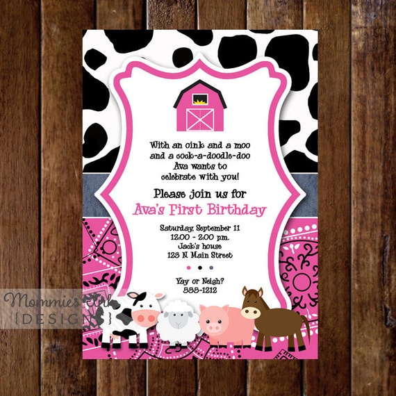 Pink Farm Animals Birthday Party Invite - Farm Party - Barn Party - Bday Invite - PRINTABLE INVITATION DESIGN Il_570xn