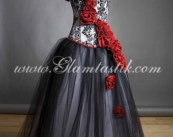 Custom Size Damask red rose Burlesque Corset Prom dress Small-XL