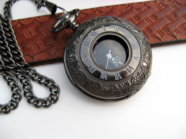 Black Pocket Watch with 15 inch Pocket Watch Chain - Quartz Pocket Watch - Black Roman Numeral Face - Gift Wrapped - Watch - Item QPW96