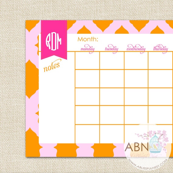2015 Desk Calendar Pad - Monogram Pink and Orange Ikat Pattern - 11x17 Desk Calendar - fill in your own dates - 53 Sheets Il_570xn