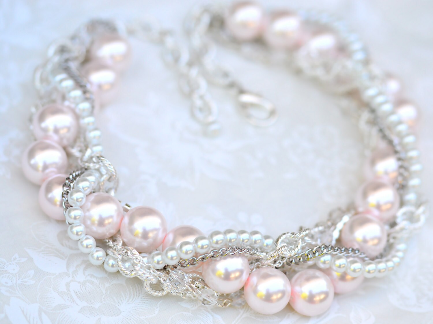 Blush Pink Bridal Statement Necklace Chunky Pearl Rhinestone