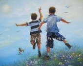 Two Brothers Leaping Art Print, boys room, wall art, two boys, paintings, outdoors, children playing, blue, Vickie Wade art Two Brothers Leaping Art Print, boys room, wall art, two boys, paintings, outdoors, children playing, blue, Vickie Wade art