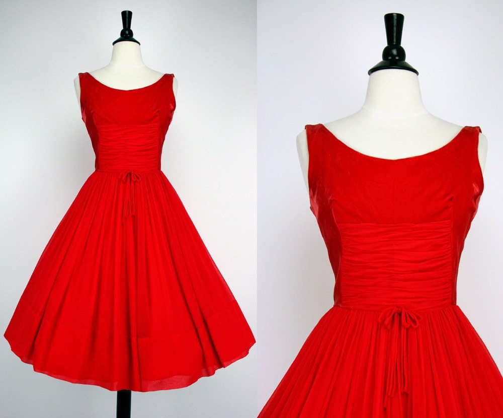60s Dress Vintage Cocktail Party Dress Christmas Red Velvet