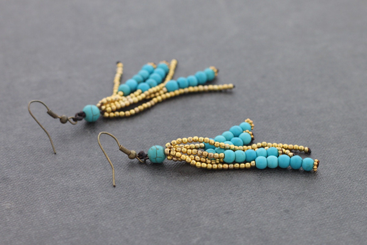 Turquoise Brass Tassels Earrings