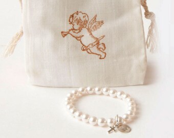 BAPTISM GIFT - Personalized religious kids jewelry bracelet with cross - baby girl pearl bracelet - baby jewelry