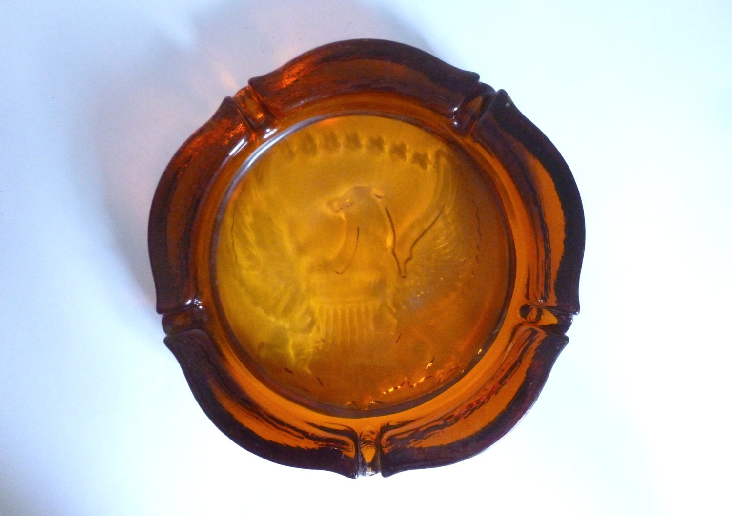 Vintage Thick Heavy Amber Glass Ashtray with Patriotic Bald