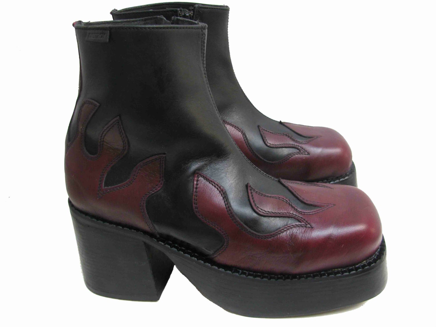 Mens Platform Boots Vintage Destroy Black and Burgundy Flame