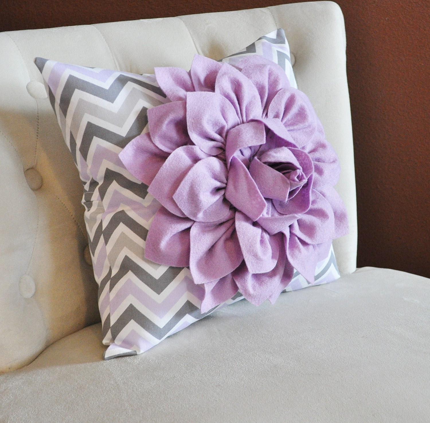 Lilac Flower on Lilac Gray and White Chevron Pillow Accent