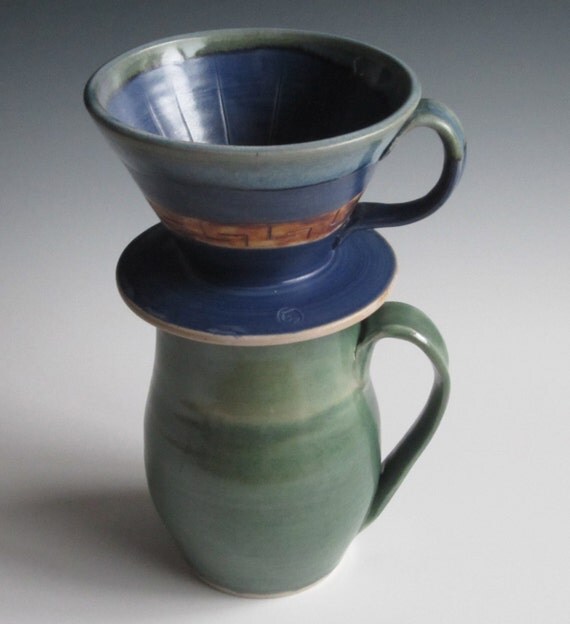 Drip coffee maker / handmade / pottery / blue / coffee cone