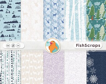Woodland Winter Digital Paper - Christmas Backgrounds - Mountains - Forest - Deers - Snow Flakes - Birch Trees - Blue & Purple