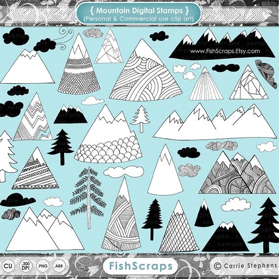 Hand Drawn Mountain Clip Art, Nature Outdoor Adventure Digital Stamps, Pine Tree & Clouds ClipArt, Scrapbook PNG + Brush, Photoshop Overlays Il_570xn