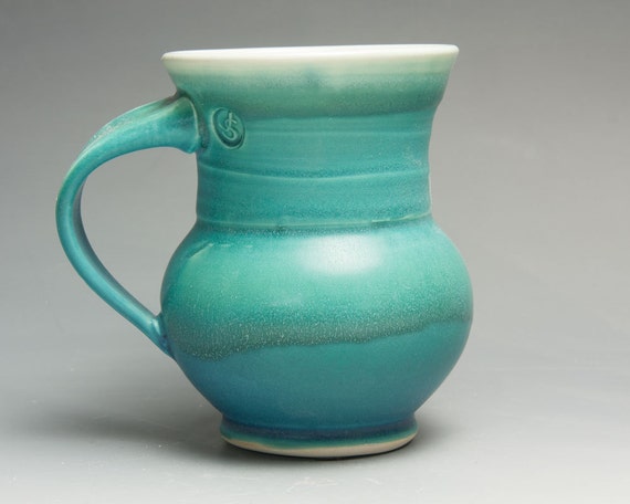 Handmade stoneware coffee mug or teacup turquoise green14 oz 1467