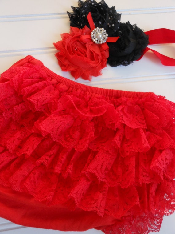 Red Lace Bloomer Set-Diaper Cover-Lace Ruffle with Matching Red and Black Hair Bow with Pearl Accents Il_570xn