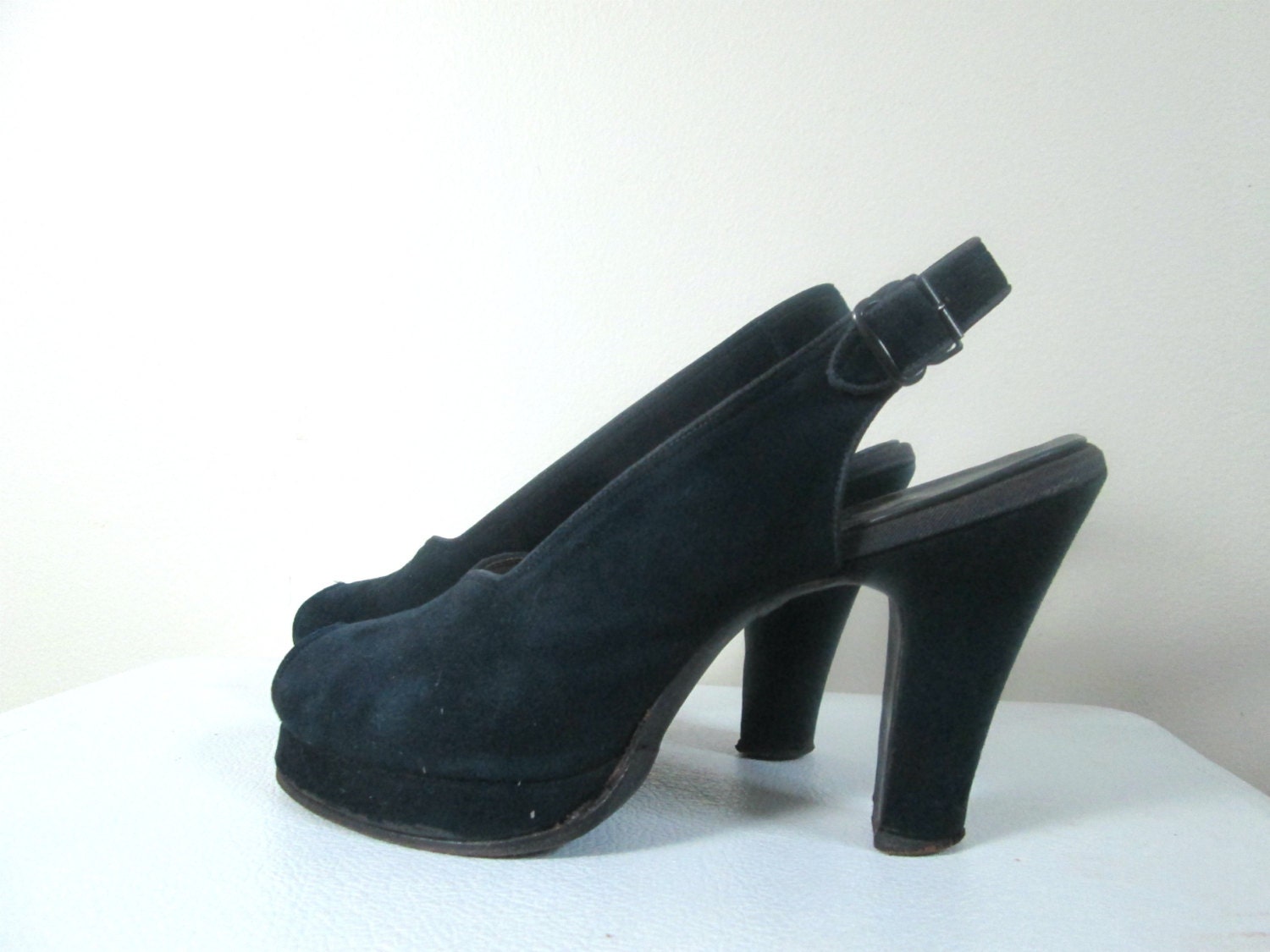 1940s Frenchies Suede Peep Toe Shoes Platform by rileybellavintage