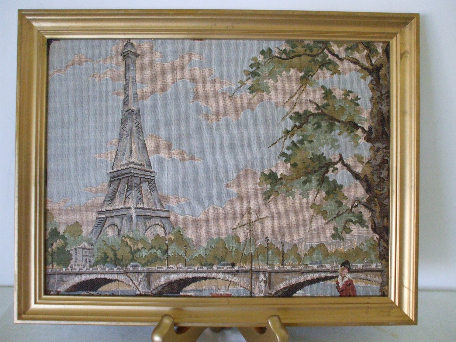Paris Tapestry Eiffel Tower Gold Frame Hollywood Regency