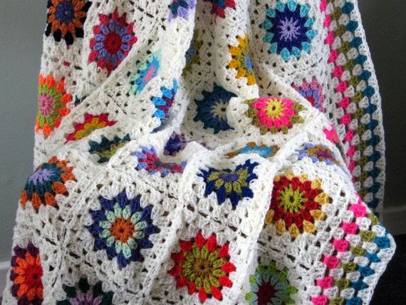 Crochet Afghan Blanket White Sunburst Granny Squares 50" x 50" In Stock Ready to Ship