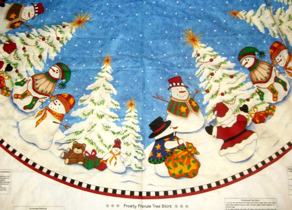 Christmas fabric panel tree skirt with snowman stocking sewing