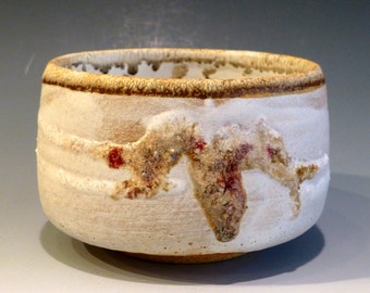 White Chawan with Figural Designs Japanese Style Teabowl George Watson artist Signed