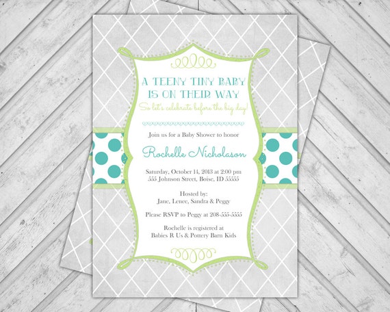 Gender Neutral Baby Shower Invite, baby shower invitations, gray, turquoise and green, Printable Digital File (982) Il_570xn