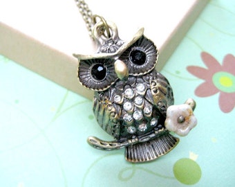 Owl Necklace, Woodland Animals Jewelry,Rhinestone Owl Necklace, Owl Pendant Jewelry, Cute Owl Necklace