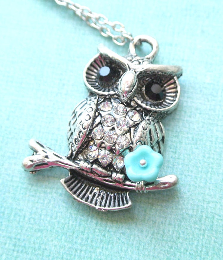 Owl Necklace Owl With Flower By Iceblues On Etsy 4235