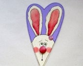 Heart Shaped Bunny Hanging Ornament, Easter Bunny, Tole Painted, Hand Painted, Large Wood Heart, Bunny with Ladybug, Easter Hanging Ornament